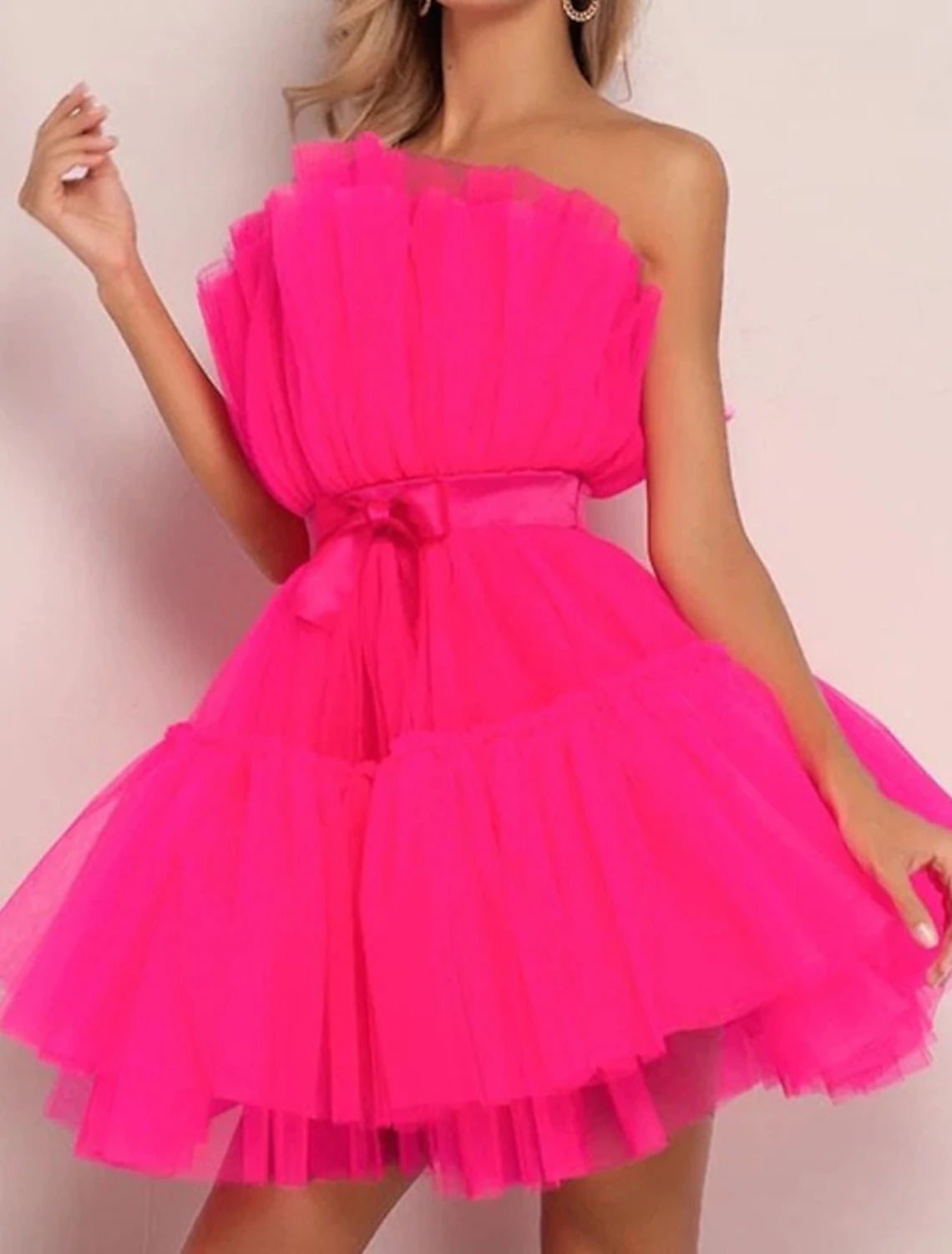 Abito da festa da donna, abito con corsetto, abito da ballo, miniabito nero, rosa, fucsia, rosso, senza maniche, colore puro, senza schienale, a strati, in rete, primavera estate, senza spalline, festa, personalizzato, elegante, festa